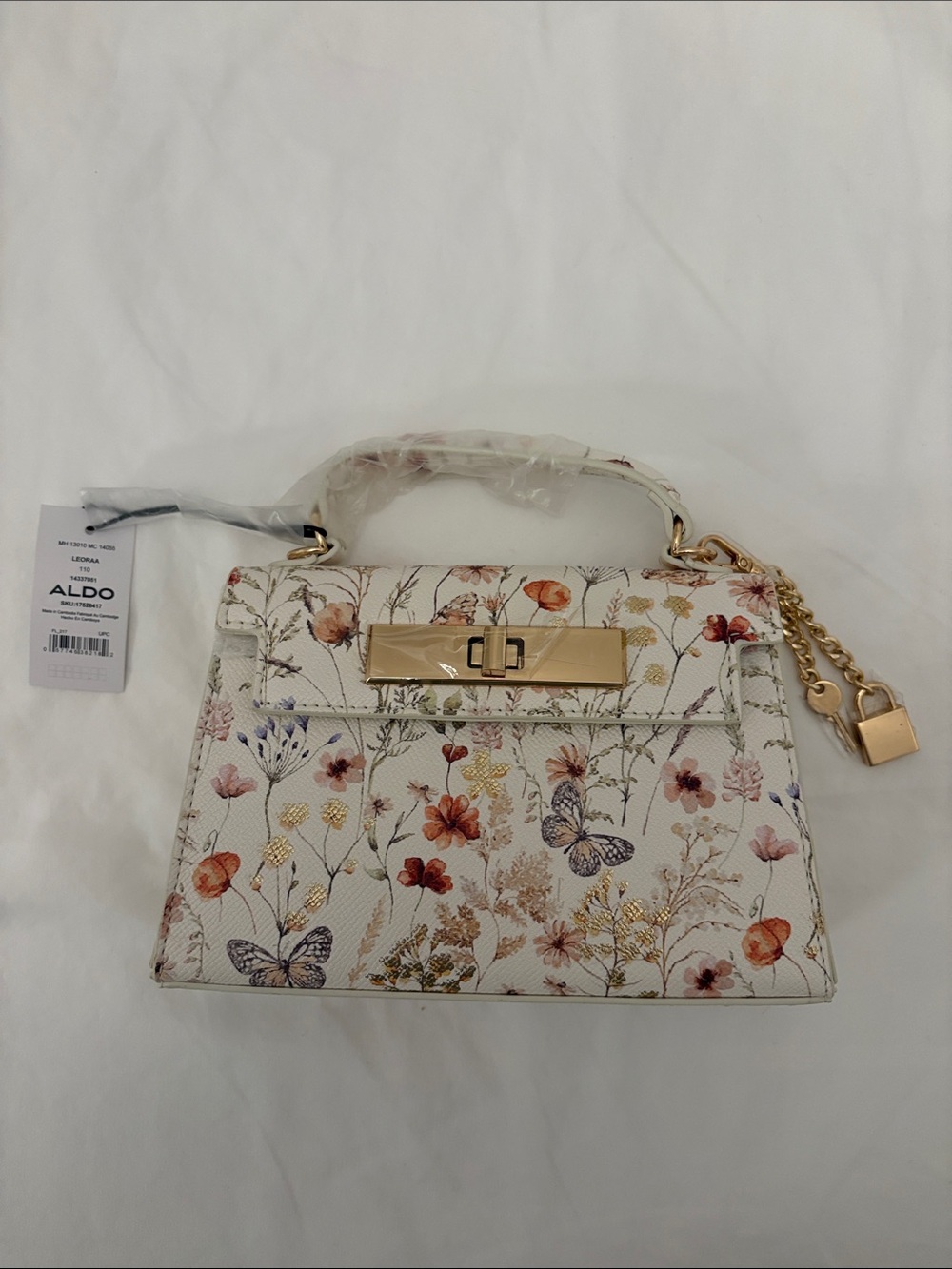 ALDO Leoraa White Floral Top Handle Satchel with Gold Accents- Hand bag